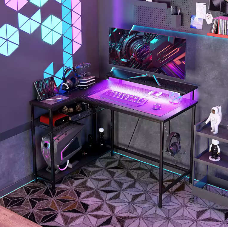 Bureau gaming d’angle LED réversible vue setup