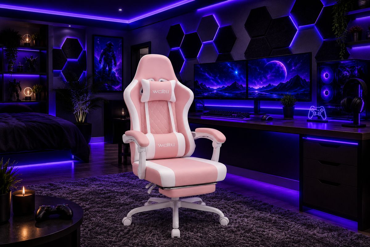 Chaise gaming VOX blanc et rose vue setup