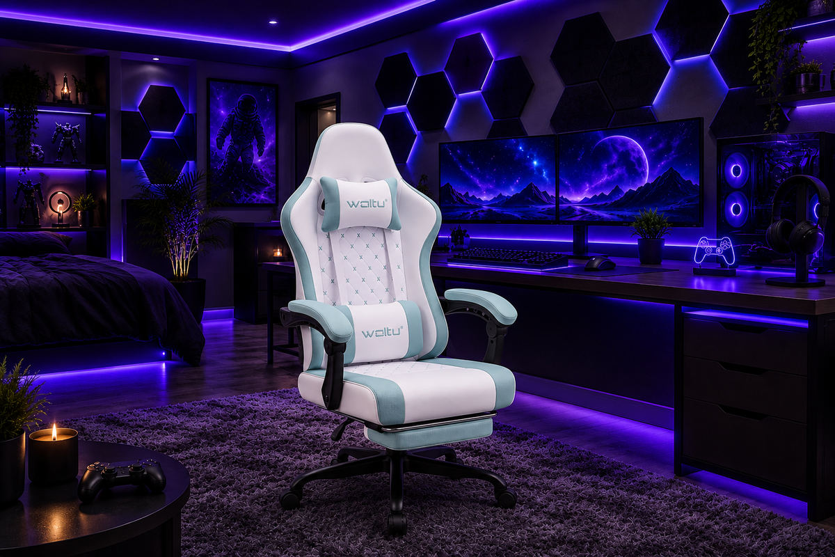 Chaise gaming VOX bleu et blanc vue setup