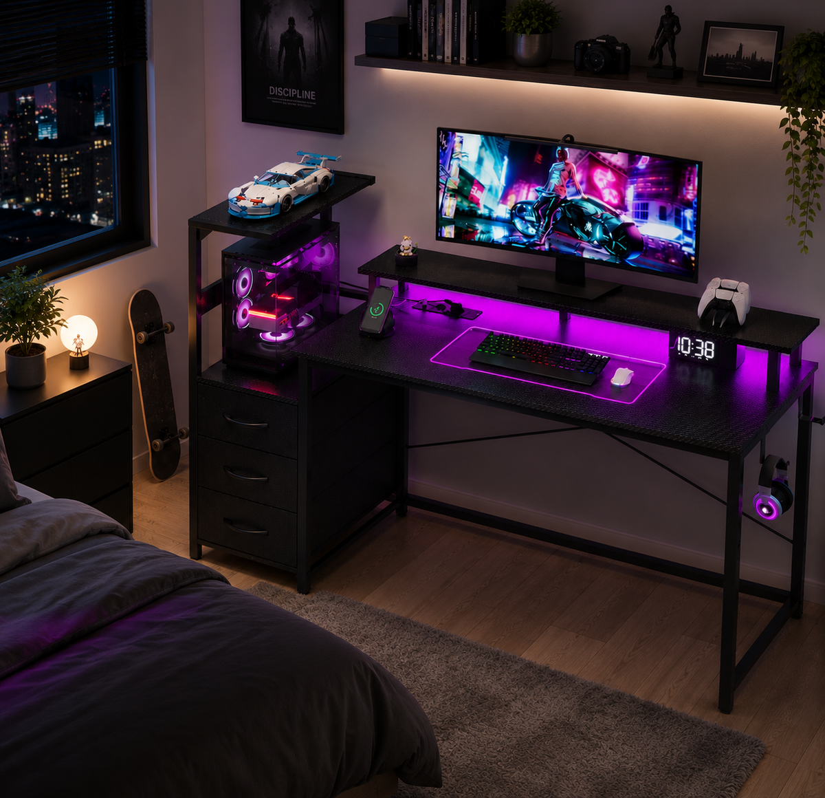 Bureau gaming d’angle LED vue setup PC