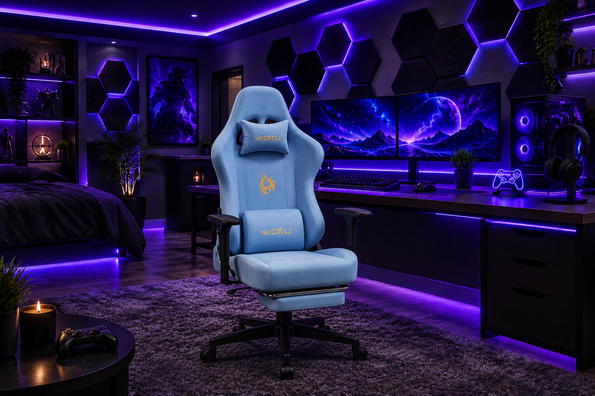Chaise gaming EVO bleu Tiffany vue setup
